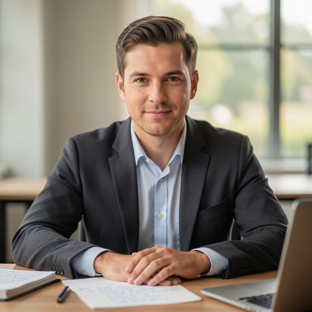 Editorial portrait of a man at a desk with handwritten notes visible, soft morning light, representing a research-focused editorial environment
