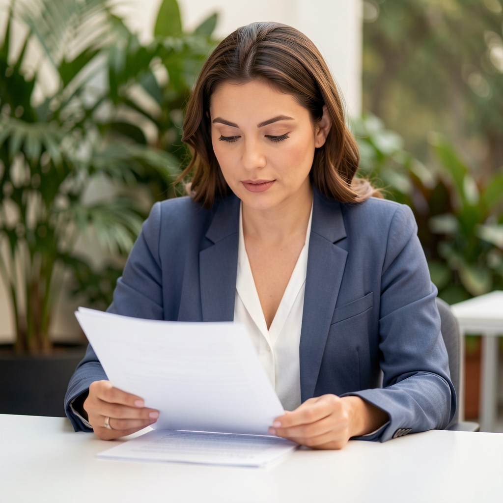Editorial portrait of a woman reviewing documents at a clean white desk, focused expression, studio lighting with plants in background