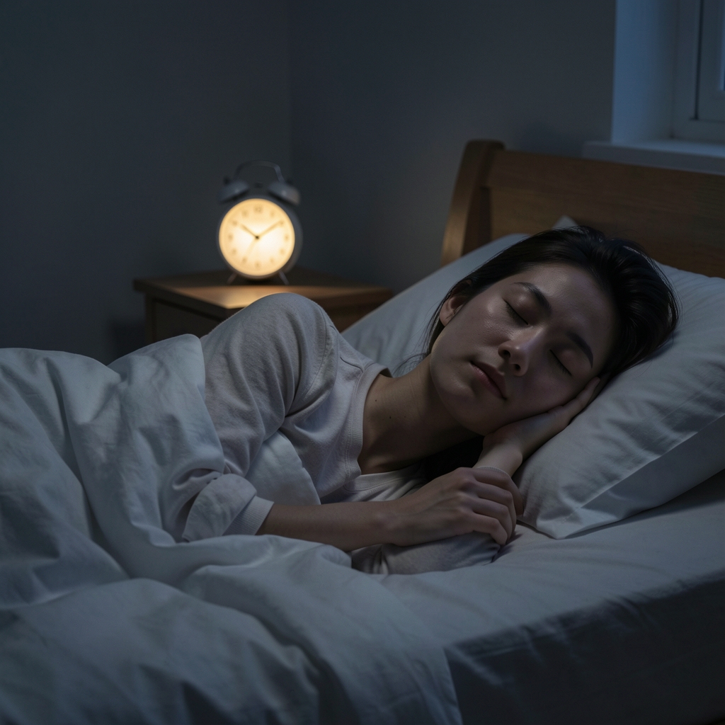 Person lying in bed in a darkened room with a dim alarm clock visible, representing circadian rhythm observation at night