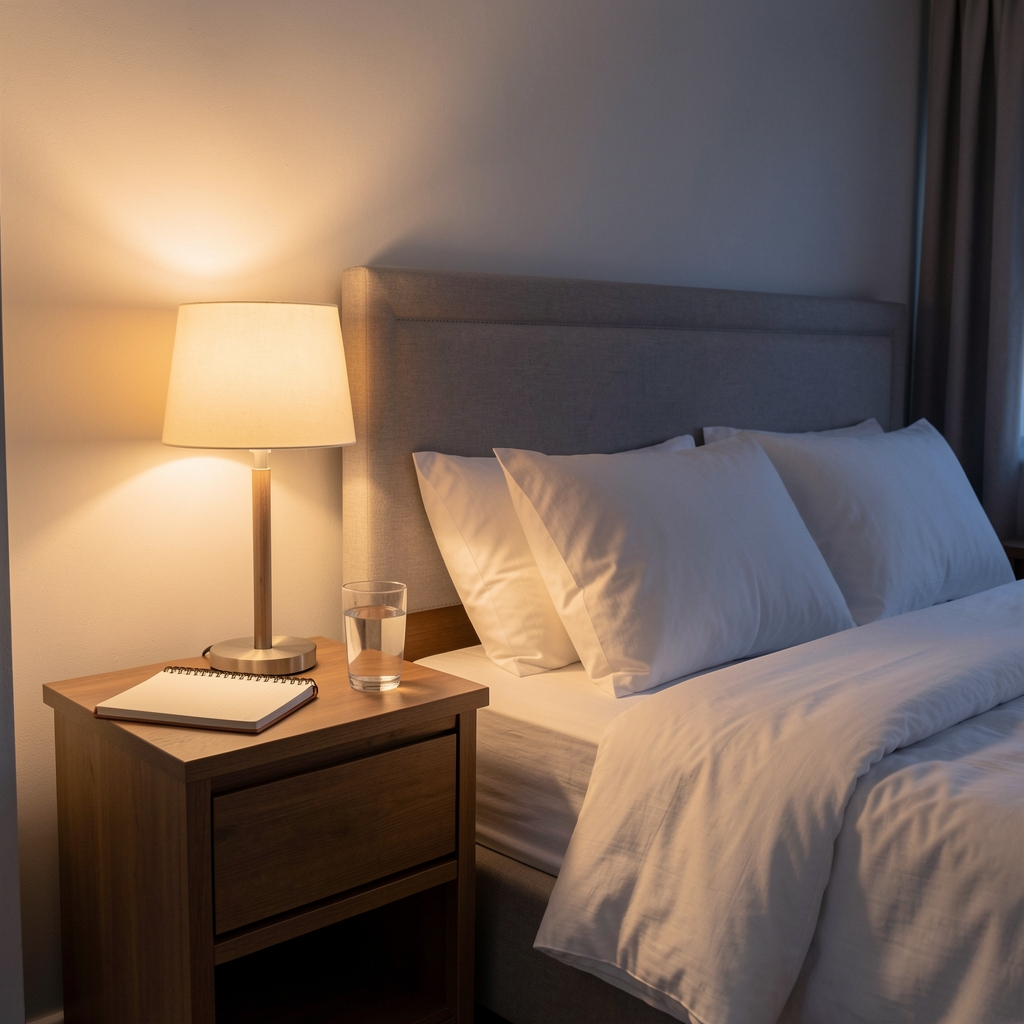 Quiet bedroom at dusk with warm lamp on a nightstand, notebook and glass of water beside it, representing an evening wind-down routine